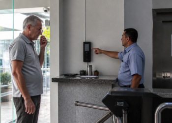 Homem idoso observa enquanto funcionário aponta para um aparelho de controle de acesso instalado na parede da portaria de um condomínio.