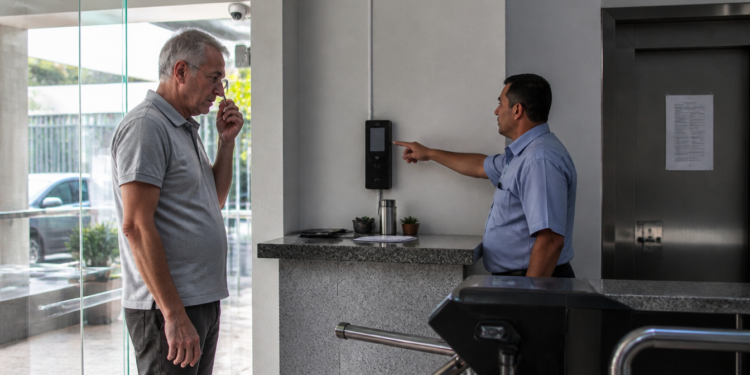 Homem idoso observa enquanto funcionário aponta para um aparelho de controle de acesso instalado na parede da portaria de um condomínio.