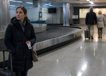 Mulher com mala e comprovante nas mãos aguarda ao lado de uma esteira de bagagens vazia em um aeroporto, enquanto outros passageiros se afastam ao fundo.