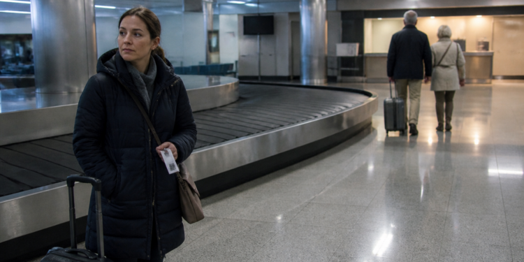 Mulher com mala e comprovante nas mãos aguarda ao lado de uma esteira de bagagens vazia em um aeroporto, enquanto outros passageiros se afastam ao fundo.
