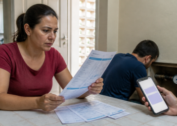 Mulher sentada à mesa analisa uma conta enquanto, ao fundo, um homem verifica um medidor em um compartimento na parede e outra pessoa mostra a tela de um celular.
