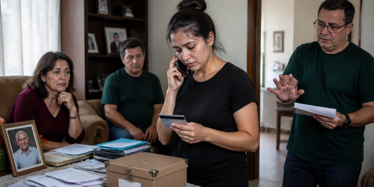 Mulher fala ao telefone enquanto segura um cartão e observa documentos sobre a mesa, cercada por familiares em uma sala de estar.