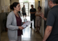 Mulher segura documentos e conversa com um homem no corredor de um prédio, enquanto outros moradores observam ao fundo.