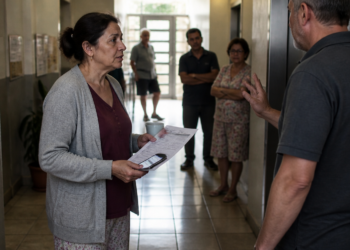Mulher segura documentos e conversa com um homem no corredor de um prédio, enquanto outros moradores observam ao fundo.