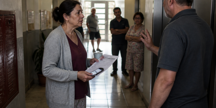 Mulher segura documentos e conversa com um homem no corredor de um prédio, enquanto outros moradores observam ao fundo.