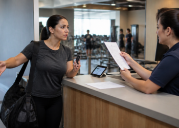 Mulher com bolsa esportiva conversa de forma tensa com uma atendente no balcão de uma academia, enquanto segura o celular e a funcionária analisa um documento.