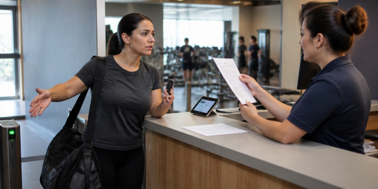 Mulher com bolsa esportiva conversa de forma tensa com uma atendente no balcão de uma academia, enquanto segura o celular e a funcionária analisa um documento.