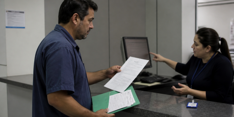 Homem segura documentos e uma pasta verde em um balcão de atendimento enquanto uma funcionária aponta para a tela do computador em um ambiente administrativo.