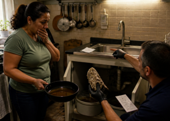Mulher segura uma frigideira com líquido escuro na cozinha enquanto um profissional mostra resíduos retirados do encanamento sob a pia.