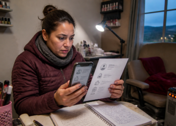 Mulher sentada à mesa segura um celular e uma folha impressa enquanto analisa documentos em um ambiente doméstico de trabalho.