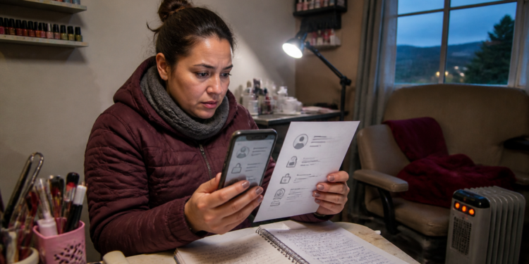 Mulher sentada à mesa segura um celular e uma folha impressa enquanto analisa documentos em um ambiente doméstico de trabalho.