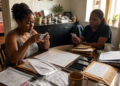 Duas mulheres consultam celulares diante de documentos, envelopes e vários aparelhos alinhados sobre uma mesa.