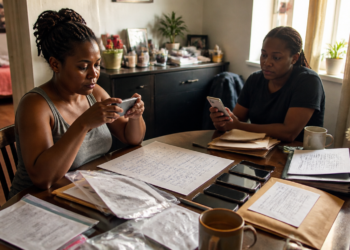Duas mulheres consultam celulares diante de documentos, envelopes e vários aparelhos alinhados sobre uma mesa.