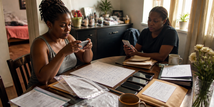 Duas mulheres consultam celulares diante de documentos, envelopes e vários aparelhos alinhados sobre uma mesa.