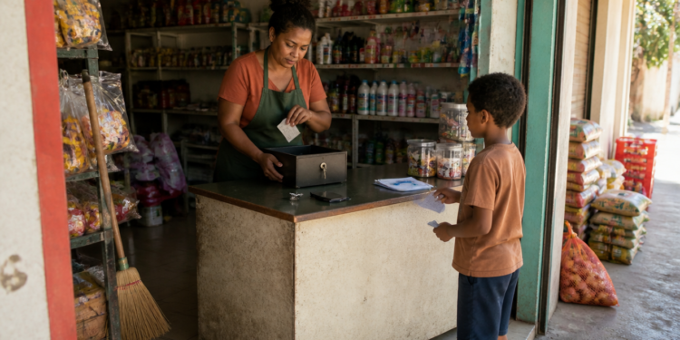 Mulher atrás do balcão de uma pequena mercearia segura um papel e mexe no caixa, enquanto um menino em pé à frente também segura papéis.