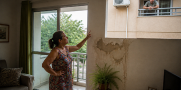 Mulher aponta para uma grande mancha de infiltração na parede de seu apartamento enquanto um vizinho observa pela janela do prédio ao lado.