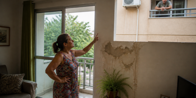 Mulher aponta para uma grande mancha de infiltração na parede de seu apartamento enquanto um vizinho observa pela janela do prédio ao lado.