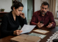 Mulher analisa uma cobrança em papel sentada à mesa, enquanto um homem ao lado segura um celular e conversa com ela em uma sala de casa.
