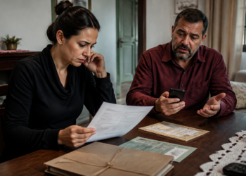 Mulher analisa uma cobrança em papel sentada à mesa, enquanto um homem ao lado segura um celular e conversa com ela em uma sala de casa.