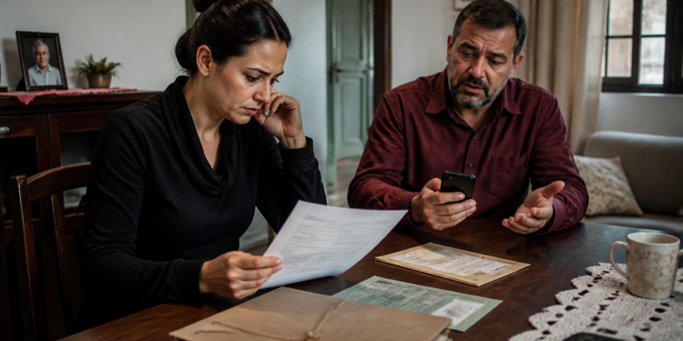 Mulher analisa uma cobrança em papel sentada à mesa, enquanto um homem ao lado segura um celular e conversa com ela em uma sala de casa.