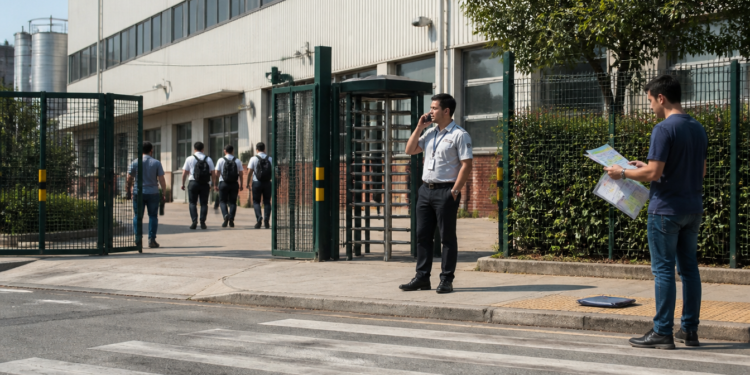 Jovem segura documentos diante da entrada de uma fábrica enquanto um segurança fala ao celular e trabalhadores passam pelo portão.