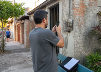Homem fotografa um medidor de energia instalado no muro externo de uma residência, com documentos apoiados em um banco ao lado.