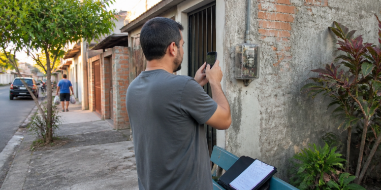 Homem fotografa um medidor de energia instalado no muro externo de uma residência, com documentos apoiados em um banco ao lado.