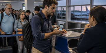 Passageiro com mochila apresenta o celular e um comprovante de viagem a uma atendente no balcão do aeroporto, enquanto outras pessoas aguardam na fila com suas bagagens.