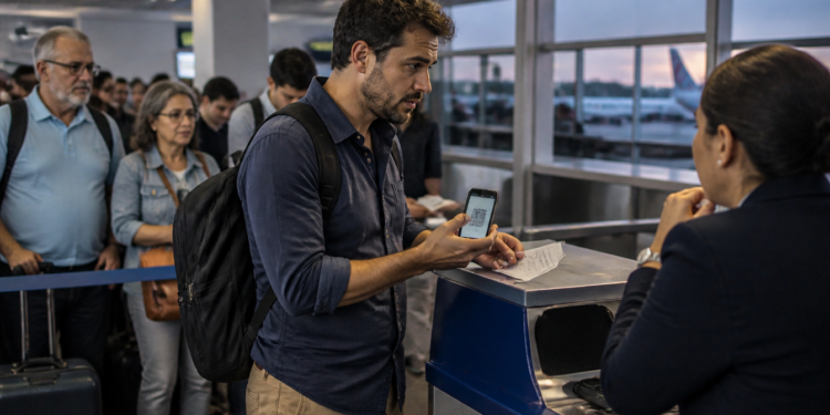 Passageiro com mochila apresenta o celular e um comprovante de viagem a uma atendente no balcão do aeroporto, enquanto outras pessoas aguardam na fila com suas bagagens.