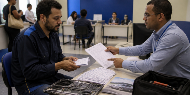 Técnico de manutenção segura comprovantes enquanto conversa com um atendente que aponta para um formulário em uma agência, com um computador desmontado sobre a mesa.