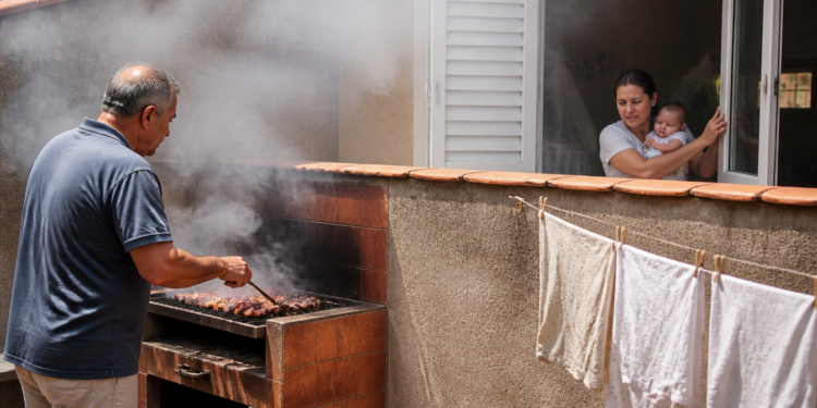 Homem prepara carne em uma churrasqueira no quintal, com muita fumaça subindo perto do muro, enquanto uma mulher com um bebê observa pela janela da casa ao lado.