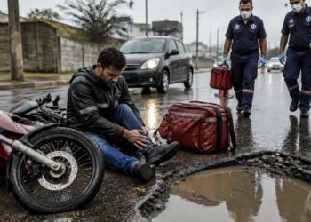 Entregador sentado no asfalto molhado ao lado de uma motocicleta caída e de um grande buraco com água, enquanto dois socorristas do SAMU se aproximam com equipamentos de atendimento.
