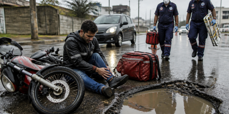 Entregador sentado no asfalto molhado ao lado de uma motocicleta caída e de um grande buraco com água, enquanto dois socorristas do SAMU se aproximam com equipamentos de atendimento.