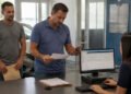 Homem consulta o celular e segura um documento durante atendimento em uma loja de veículos, acompanhado por outro homem, diante de uma funcionária no computador e de um carro ao fundo.