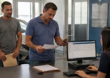 Homem consulta o celular e segura um documento durante atendimento em uma loja de veículos, acompanhado por outro homem, diante de uma funcionária no computador e de um carro ao fundo.