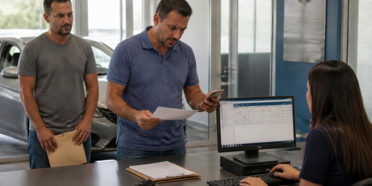 Homem consulta o celular e segura um documento durante atendimento em uma loja de veículos, acompanhado por outro homem, diante de uma funcionária no computador e de um carro ao fundo.