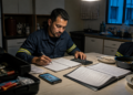 Microempreendedor de uniforme calcula valores e faz anotações em um caderno, cercado por documentos, celular e ferramentas sobre a mesa da cozinha.
