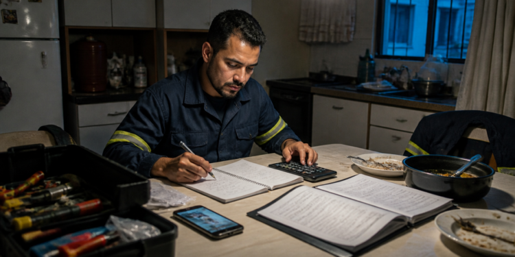 Microempreendedor de uniforme calcula valores e faz anotações em um caderno, cercado por documentos, celular e ferramentas sobre a mesa da cozinha.