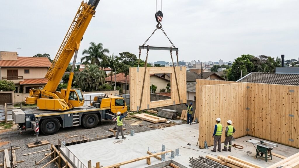 Adeus às paredes de concreto: a madeira engenheirada chega em grandes painéis e permite montar casas como um quebra-cabeça
