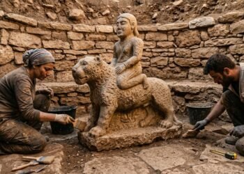 Escultura de 11 mil anos mostra humano sobre leopardo