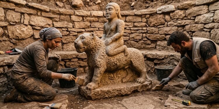 Escultura de 11 mil anos mostra humano sobre leopardo
