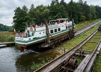 Como o Canal de Elbląg transporta barcos sobre trilhos