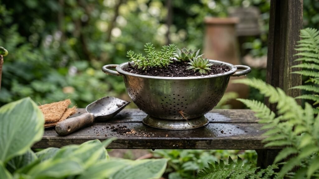 Escorredor de cozinha usado como vaso no jardim