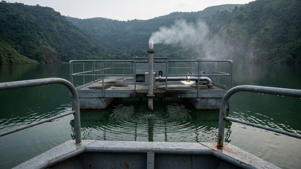 Como o Lago Nyos libera gás de forma controlada por um tubo profundo