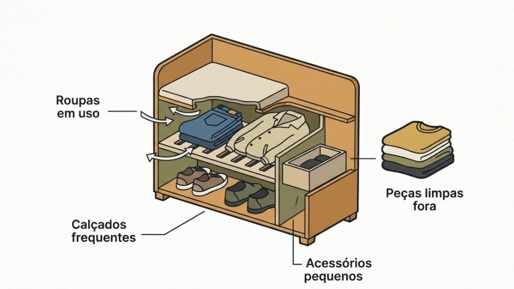 Banco-sapateira substitui cadeira com roupas no quarto