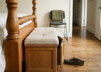 Banco-sapateira substitui cadeira com roupas no quarto