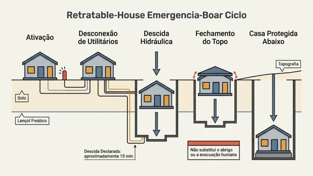 Casa hidráulica que desce ao subsolo em emergências