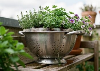 Escorredor de cozinha usado como vaso no jardim