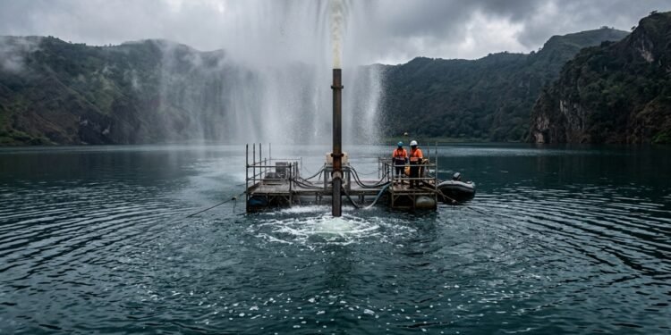 Como o Lago Nyos libera gás de forma controlada por um tubo profundo