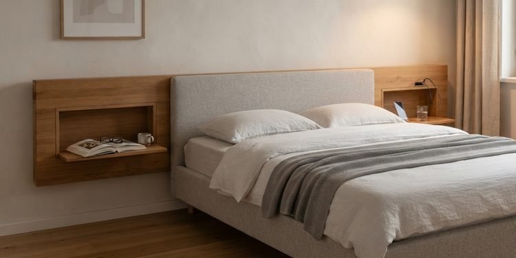 Poucos centímetros atrás da cama podem virar apoio lateral e espaço de armazenamento ao mesmo tempo